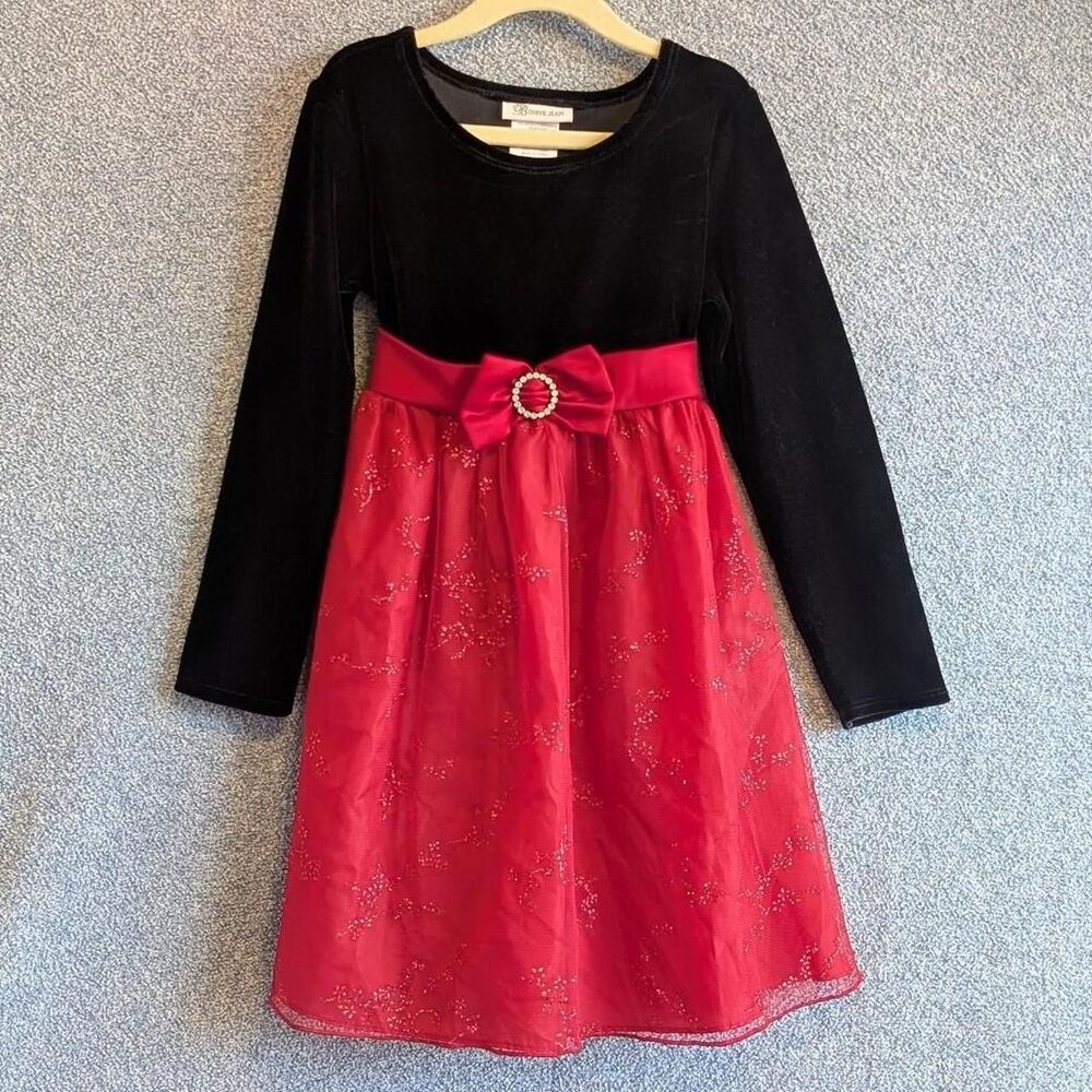 Bonnie Jean Girls Size 5 Black Velvet Red Tulle Sparkle Holiday Christmas Dress